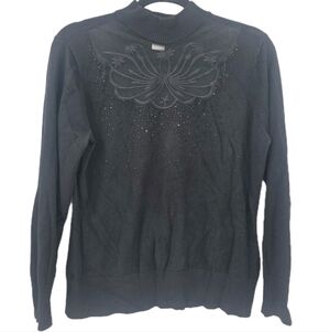 VENUS Women's Large Black Sheer Floral Embroidered Sweater Top Blouse
